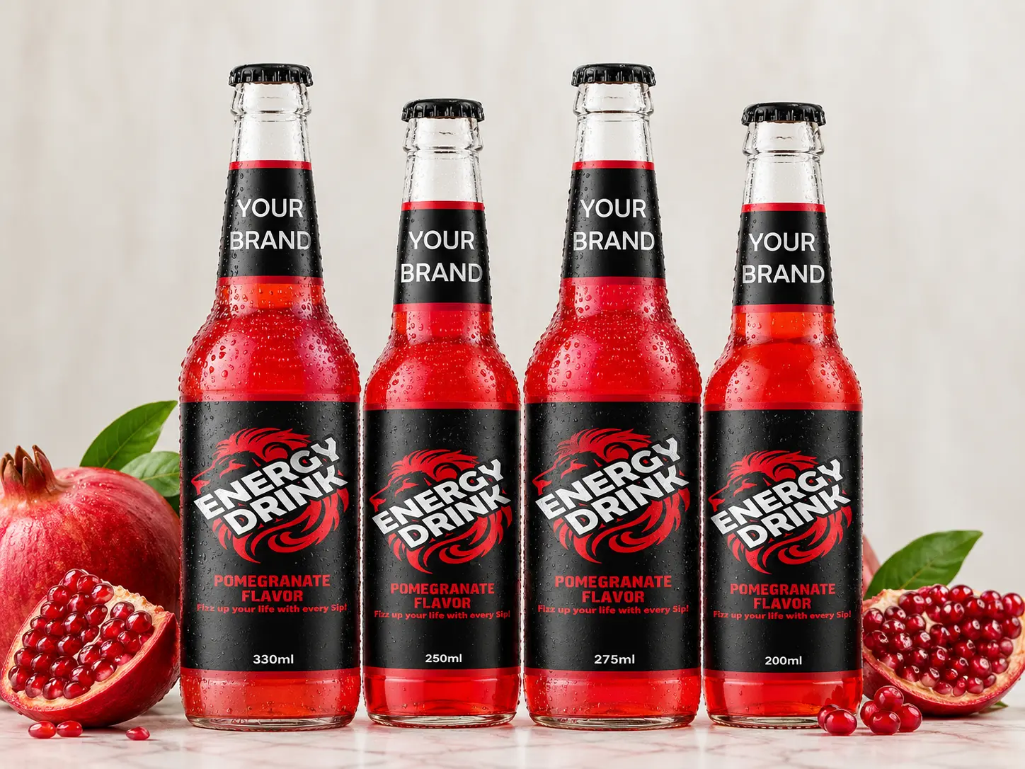 ENERGY DRINK Pomegranate Flavor 330ml, 250ml, 275ml and 200ml glass bottles